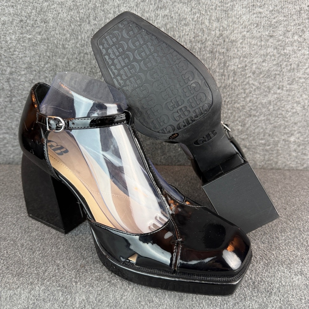 Gianni Bini T-Strap Platform Women's 10M Black Patent Square Toe Block Heel